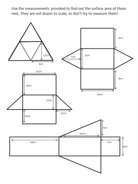 Use the measurements provided to find out the surface area of these nets. They are not drawn to scale, so don’t try to measure them! 8cm 12cm 8cm 7cm 9cm.