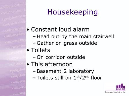 Housekeeping Constant loud alarm –Head out by the main stairwell –Gather on grass outside Toilets –On corridor outside This afternoon –Basement 2 laboratory.