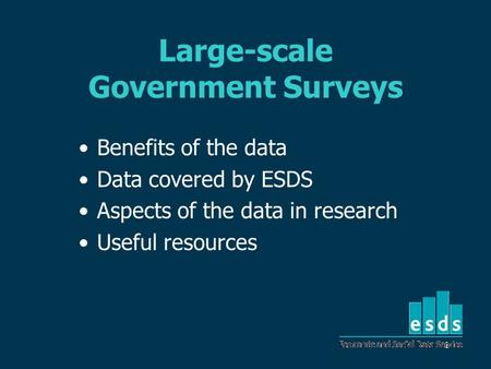 1 Large-scale Government Surveys Benefits of the data Data covered by ESDS Aspects of the data in research Useful resources.