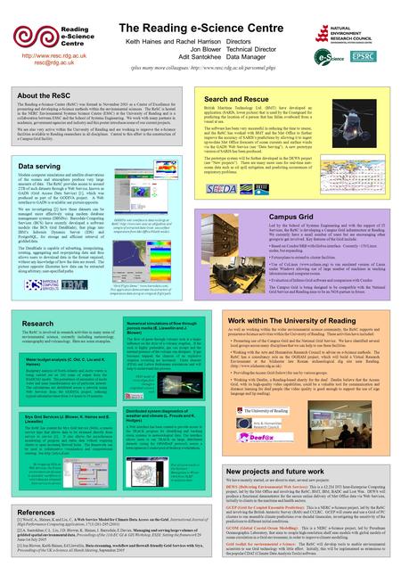 The Reading e-Science Centre Keith Haines and Rachel Harrison Jon Blower Adit Santokhee Directors Technical Director Data Manager Search and Rescue British.