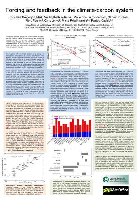 Forcing and feedback in the climate-carbon system Jonathan Gregory 1,2, Mark Webb 2, Keith Williams 2, Marie Doutriaux-Boucher 2, Olivier Boucher 2, Piers.