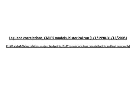 Lag-lead correlations, CMIP5 models, historical run (1/1/1990-31/12/2005) Pr-SM and AT-SM correlations use just land points, Pr-AT correlations done twice.