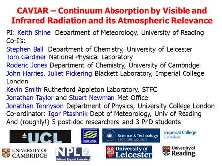 CAVIAR – Continuum Absorption by Visible and Infrared Radiation and its Atmospheric Relevance PI: Keith Shine Department of Meteorology, University of.