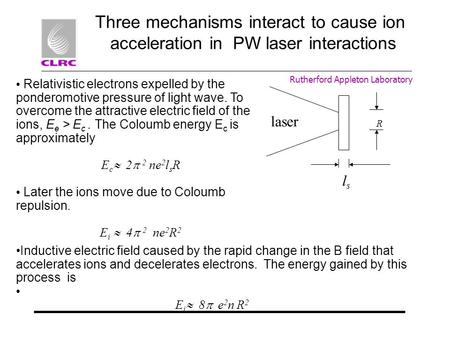 Rutherford Appleton Laboratory Three mechanisms interact to cause ion acceleration in PW laser interactions Relativistic electrons expelled by the ponderomotive.