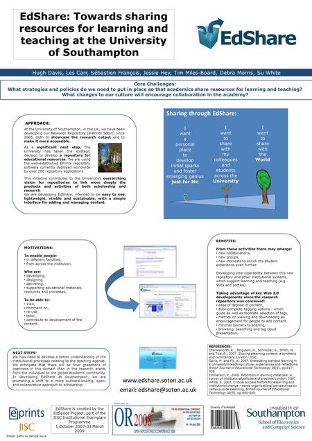 EdShare: Towards sharing resources for learning and teaching at the University of Southampton EdShare is created by the EdSpace Project, part of the JISC.