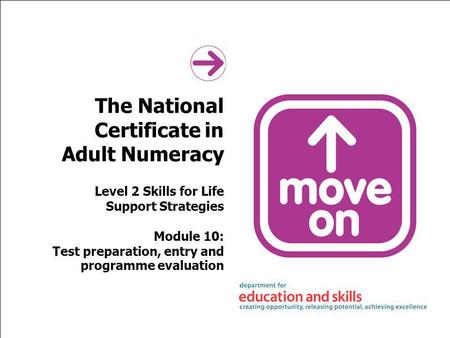 The National Certificate in Adult Numeracy Level 2 Skills for Life Support Strategies Module 10: Test preparation, entry and programme evaluation.