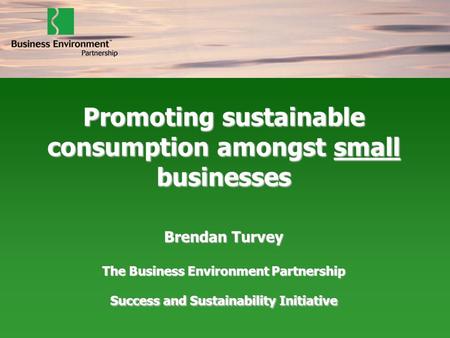 Promoting sustainable consumption amongst small businesses Brendan Turvey The Business Environment Partnership Success and Sustainability Initiative.