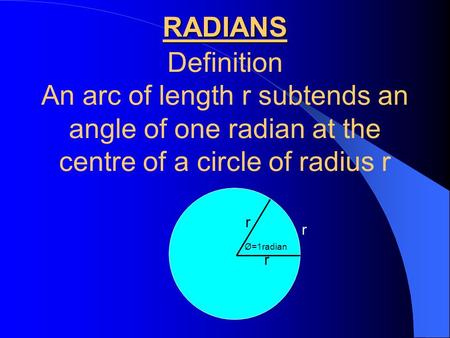 RADIANS Definition An arc of length r subtends an angle of one radian at the centre of a circle of radius r r Ø=1radian.