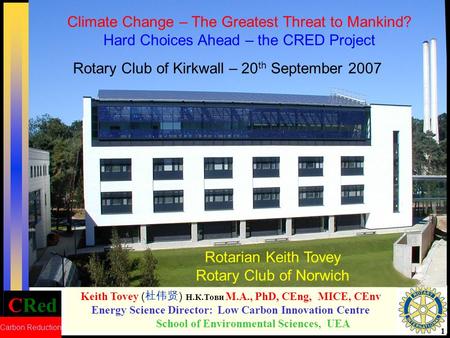 CRed Carbon Reduction 1 Keith Tovey ( ) Н.К.Тови M.A., PhD, CEng, MICE, CEnv Energy Science Director: Low Carbon Innovation Centre School of Environmental.