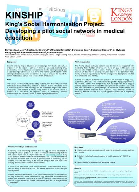 KINSHIP King's Social Harmonisation Project: Developing a pilot social network in medical education Bernadette. A. John 1, Sophie. M. Strong 1, Prof Patricia.