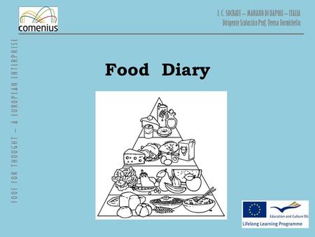 Food Diary FOOF FOR THOUGHT – A EUROPEAN ENTERPRISE I. C. SOCRATE – MARANO DI NAPOLI – ITALIA Dirigente Scolastico Prof. Teresa Formichella.