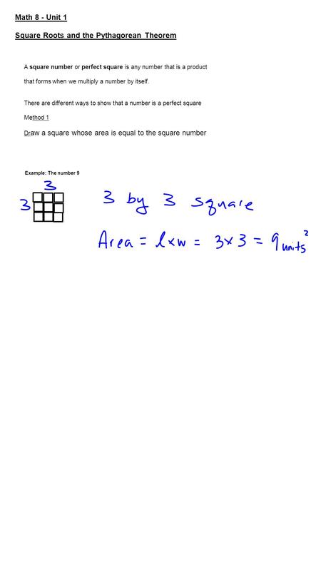 Math 8 - Unit 1 Square Roots and the Pythagorean Theorem A square number or perfect square is any number that is a product that forms when we multiply.