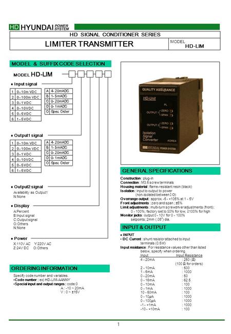 1 HD SIGNAL CONDITIONER SERIES LIMITER TRANSMITTER MODEL HD-LIM MODEL & SUFFIX CODE SELECTION HD-LIM MODEL ■ Output1 signal ■ Output2 signal Availability.