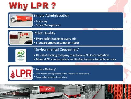 Simple Administration Invoicing Stock Management Pallet Quality Every pallet inspected every trip Standards meet automation needs “Environmental Credentials”