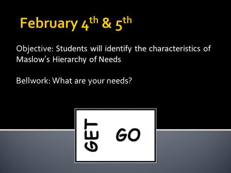 Objective: Students will identify the characteristics of Maslow’s Hierarchy of Needs Bellwork: What are your needs?