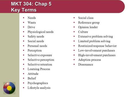   Needs   Wants   Drive   Physiological needs   Safety needs   Social needs   Personal needs   Perception   Selective exposure   Selective.