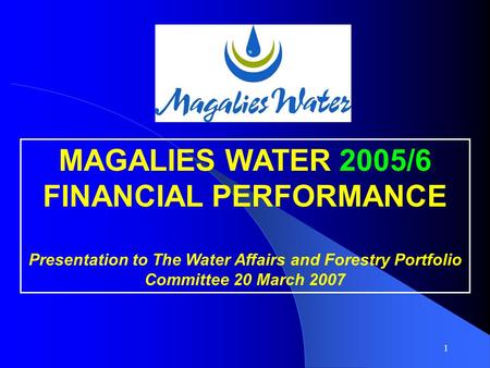 1 MAGALIES WATER 2005/6 FINANCIAL PERFORMANCE Presentation to The Water Affairs and Forestry Portfolio Committee 20 March 2007.