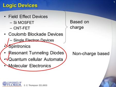 S. E. Thompson EEL 6935 1 Logic Devices Field Effect Devices –Si MOSFET –CNT-FET Coulomb Blockade Devices –Single Electron Devices Spintronics Resonant.