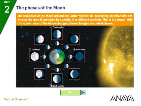 UNIT 2 Natural Science 1 The phases of the Moon The revolution of the Moon around the Earth means that, depending on which day it is we see the area illuminated.