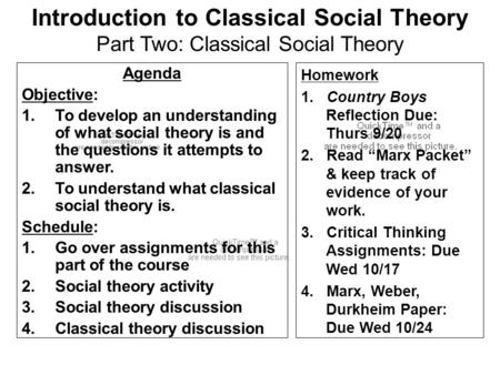 Introduction to Classical Social Theory Part Two: Classical Social Theory Agenda Objective: To develop an understanding of what social theory is and the.