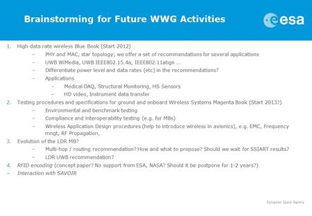 Brainstorming for Future WWG Activities 1.High data rate wireless Blue Book (Start 2012) –PHY and MAC, star topology; we offer a set of recommendations.