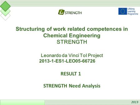 Structuring of work related competences in Chemical Engineering STRENGTH Leonardo da Vinci ToI Project 2013-1-ES1-LEO05-66726 RESULT 1 STRENGTH Need Analysis.