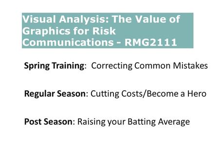 Visual Analysis: The Value of Graphics for Risk Communications - RMG211 Spring Training: Correcting Common Mistakes Regular Season: Cutting Costs/Become.