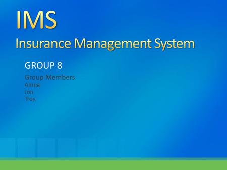 Group Members Amna Jon Troy GROUP 8. Goals and Objects: The goals and objectives of this project are to create a functioning Insurance Management System.