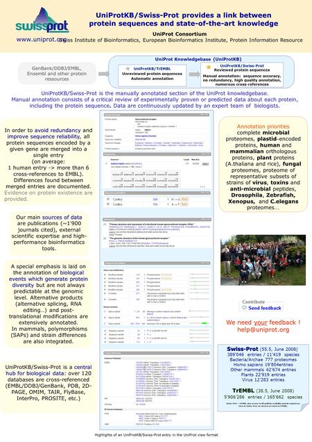 Central hub for biological data UniProtKB/Swiss-Prot is a central hub for biological data: over 120 databases are cross-referenced (EMBL/DDBJ/GenBank,