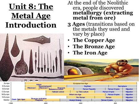 Unit 8: The Metal Age Introduction At the end of the Neolithic era, people discovered metallurgy (extracting metal from ore) 3 Ages (transitions based.