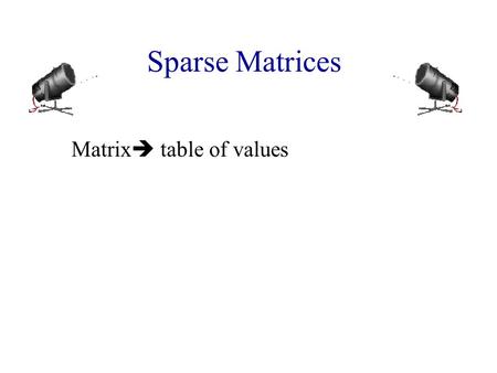 Sparse Matrices Matrix  table of values. Sparse Matrices Matrix  table of values 0 0 3 0 4 0 0 5 7 0 0 0 0 0 0 0 2 6 0 0 Row 2 Column 4 4 x 5 matrix.