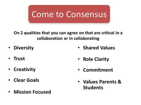 On 2 qualities that you can agree on that are critical in a collaboration or in collaborating Diversity Trust Creativity Clear Goals Mission Focused Shared.