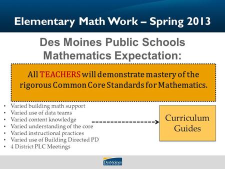 Elementary Math Work – Spring 2013 Des Moines Public Schools Mathematics Expectation: All students will demonstrate mastery of the rigorous Common Core.