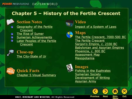 Chapter 5 – History of the Fertile Crescent Section Notes Geography of the Fertile Crescent The Rise of Sumer Sumerian Achievements Later Peoples of the.