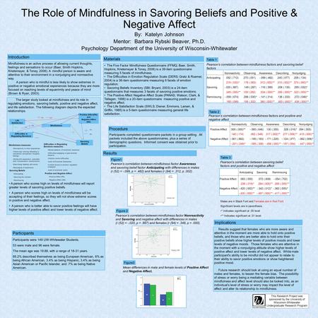 The Role of Mindfulness in Savoring Beliefs and Positive & Negative Affect By: Katelyn Johnson Mentor: Barbara Rybski Beaver, Ph.D. Psychology Department.