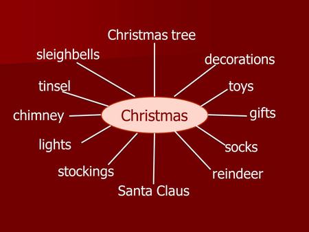 Christmas toys Christmas tree Santa Claus gifts socks reindeer stockings lights chimney decorations sleighbells tinsel.