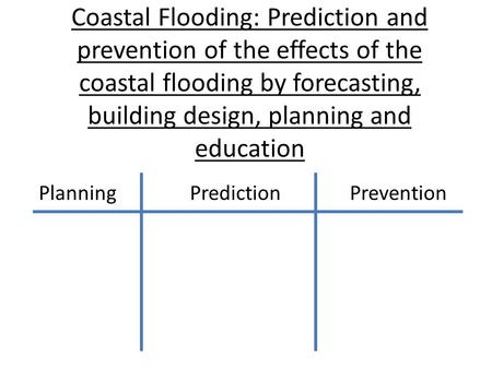 Coastal Flooding: Prediction and prevention of the effects of the coastal flooding by forecasting, building design, planning and education Planning Prediction.