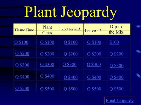 Plant Jeopardy Tissue Time Plant Class Root for an A Leave it! Dip in the Mix Q $100 Q $200 Q $300 Q $400 Q $500 Q $100 $100 Q $200 Q $300 Q $400 Q $500.