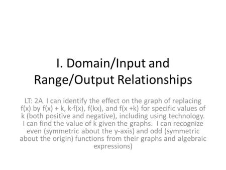 I. Domain/Input and Range/Output Relationships LT: 2A I can identify the effect on the graph of replacing f(x) by f(x) + k, k·f(x), f(kx), and f(x +k)