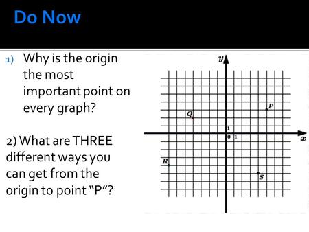 1) Why is the origin the most important point on every graph? 2) What are THREE different ways you can get from the origin to point “P”?