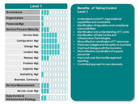 Service Desk Governance Financial Mgt Service Level Mgt Configuration Mgt Incident Mgt Problem Mgt Release Mgt Change Mgt Level 1 Organisation Benefits.