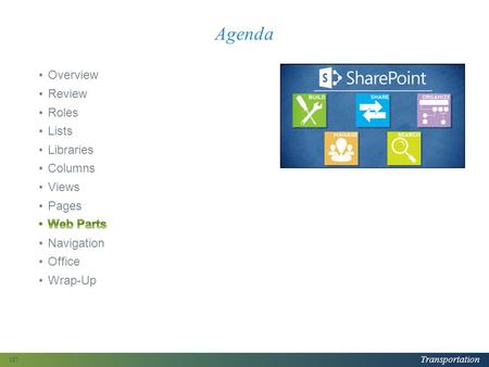 Transportation Agenda 187. Transportation About Web Parts Web parts are reusable “containers” that reside on web pages and interact with lists, libraries.