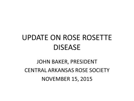 UPDATE ON ROSE ROSETTE DISEASE JOHN BAKER, PRESIDENT CENTRAL ARKANSAS ROSE SOCIETY NOVEMBER 15, 2015.