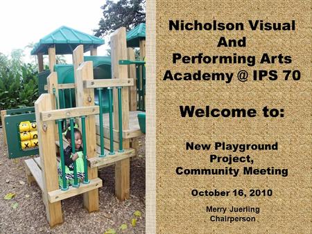 Nicholson Visual And Performing Arts IPS 70 Welcome to: New Playground Project, Community Meeting October 16, 2010 Merry Juerling Chairperson.