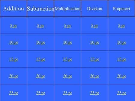 10 pt 15 pt 20 pt 25 pt 5 pt 10 pt 15 pt 20 pt 25 pt 5 pt 10 pt 15 pt 20 pt 25 pt 5 pt 10 pt 15 pt 20 pt 25 pt 5 pt 10 pt 15 pt 20 pt 25 pt 5 pt Addition.