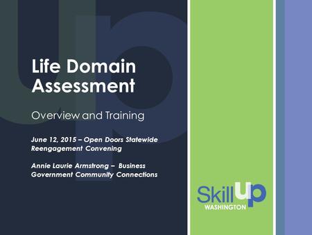 Life Domain Assessment Overview and Training June 12, 2015 – Open Doors Statewide Reengagement Convening Annie Laurie Armstrong – Business Government Community.