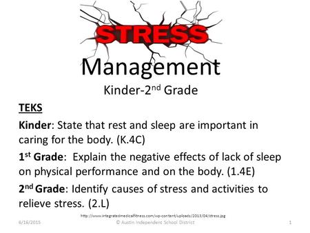 Management Kinder-2 nd Grade 1 TEKS Kinder: State that rest and sleep are important in caring for the body. (K.4C) 1 st Grade: Explain the negative effects.