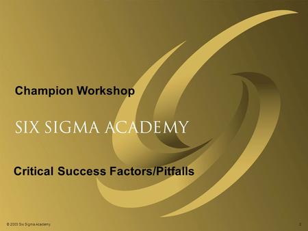 © 2003 Six Sigma Academy0 Critical Success Factors/Pitfalls Champion Workshop.