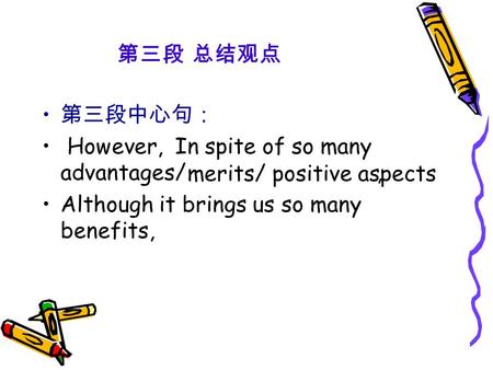 第三段 总结观点 第三段中心句： However, In spite of so many advantages/, Although it brings us so many benefits, merits/ positive aspects.