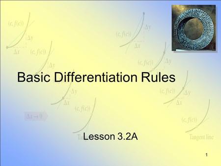 1 Basic Differentiation Rules Lesson 3.2A. 2 Basic Derivatives Constant function – Given f(x) = k Then f’(x) = 0 Power Function –Given f(x) = x n Then.